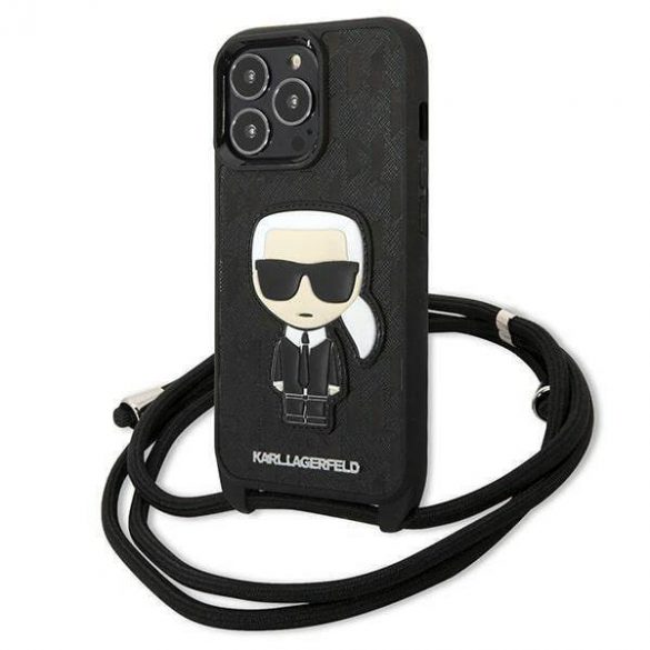 Karl Lagerfeld KLHCP13LCMNIPK Husă rigidă de 6,1 inchi pentru iPhone 13 Pro / 13, din piele neagră/czarny, cu monogramă și husă Iconik cu cordon