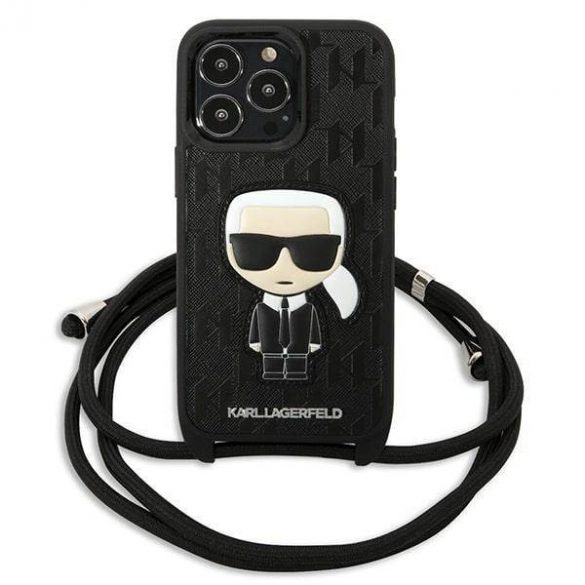 Karl Lagerfeld KLHCP13LCMNIPK Husă rigidă de 6,1 inchi pentru iPhone 13 Pro / 13, din piele neagră/czarny, cu monogramă și husă Iconik cu cordon