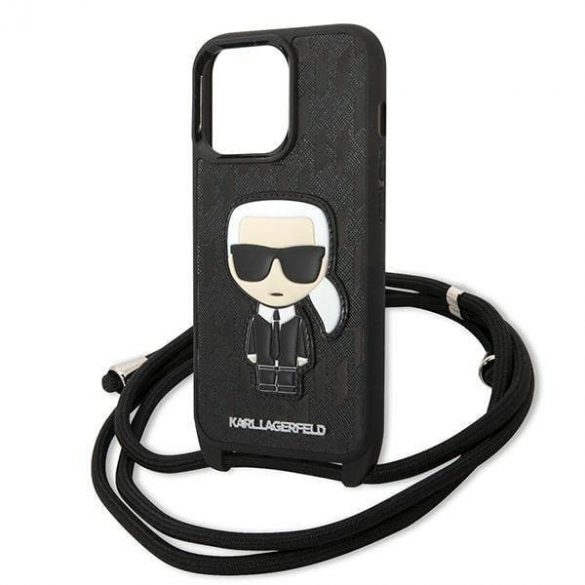 Karl Lagerfeld KLHCP13LCMNIPK Husă rigidă de 6,1 inchi pentru iPhone 13 Pro / 13, din piele neagră/czarny, cu monogramă și husă Iconik cu cordon