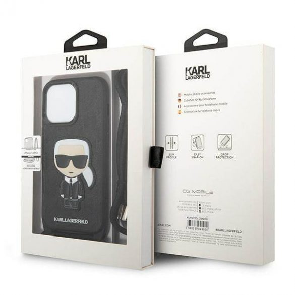 Karl Lagerfeld KLHCP13LCMNIPK Husă rigidă de 6,1 inchi pentru iPhone 13 Pro / 13, din piele neagră/czarny, cu monogramă și husă Iconik cu cordon