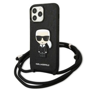 Karl Lagerfeld KLHCP13XCMNIPK Husă rigidă de 6,7 inchi pentru iPhone 13 Pro Max, din piele, cu plasture monogramă și cordon Iconik