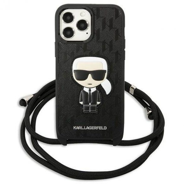 Karl Lagerfeld KLHCP13XCMNIPK Husă rigidă de 6,7 inchi pentru iPhone 13 Pro Max, din piele, cu plasture monogramă și cordon Iconik