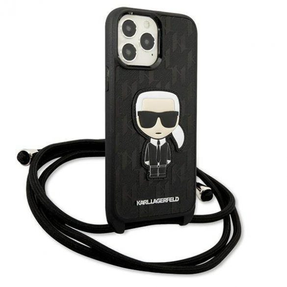 Karl Lagerfeld KLHCP13XCMNIPK Husă rigidă de 6,7 inchi pentru iPhone 13 Pro Max, din piele, cu plasture monogramă și cordon Iconik