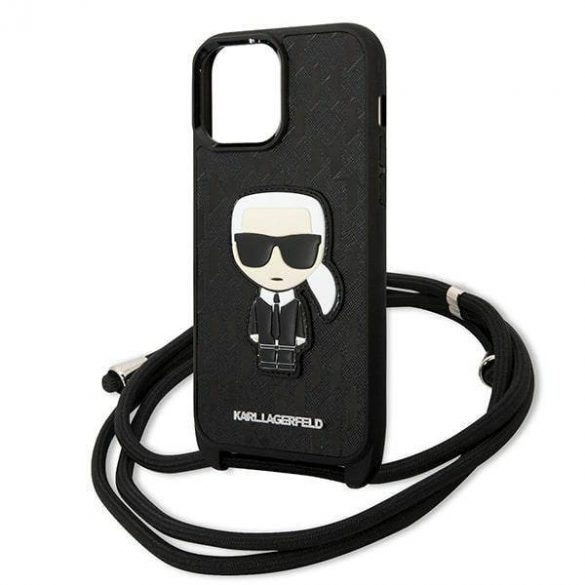 Karl Lagerfeld KLHCP13XCMNIPK Husă rigidă de 6,7 inchi pentru iPhone 13 Pro Max, din piele, cu plasture monogramă și cordon Iconik