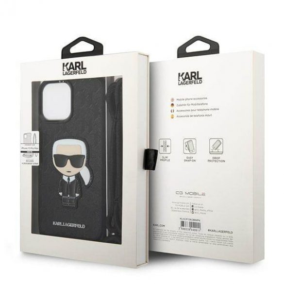 Karl Lagerfeld KLHCP13XCMNIPK Husă rigidă de 6,7 inchi pentru iPhone 13 Pro Max, din piele, cu plasture monogramă și cordon Iconik