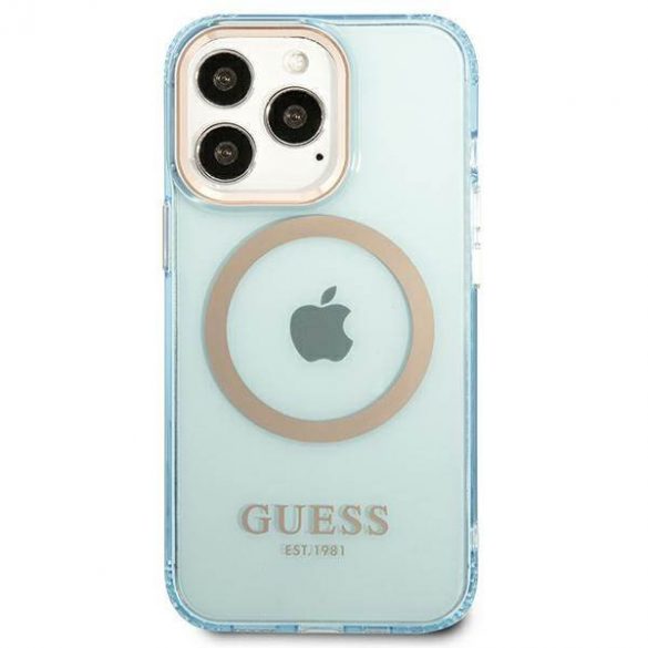 Guess GUHMP13LHTCMB Husă rigidă pentru iPhone 13 Pro / 13 6,1" niebieski/albastru Gold Outline Husă MagSafe translucidă