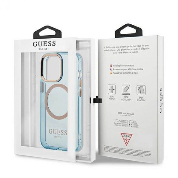 Guess GUHMP13LHTCMB Husă rigidă pentru iPhone 13 Pro / 13 6,1" niebieski/albastru Gold Outline Husă MagSafe translucidă