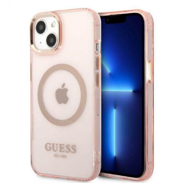 Guess GUHMP13MHTCMP Husă rigidă pentru iPhone 13 / 14 / 15 de 6,1 inchi Rozowy/roz Gold Outline Translucent MagSafe