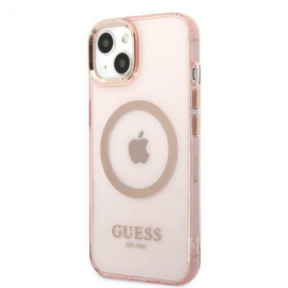 Guess GUHMP13MHTCMP Husă rigidă pentru iPhone 13 / 14 / 15 de 6,1 inchi Rozowy/roz Gold Outline Translucent MagSafe