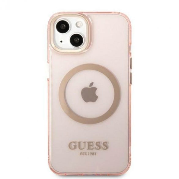 Guess GUHMP13MHTCMP Husă rigidă pentru iPhone 13 / 14 / 15 de 6,1 inchi Rozowy/roz Gold Outline Translucent MagSafe