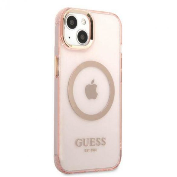 Guess GUHMP13MHTCMP Husă rigidă pentru iPhone 13 / 14 / 15 de 6,1 inchi Rozowy/roz Gold Outline Translucent MagSafe