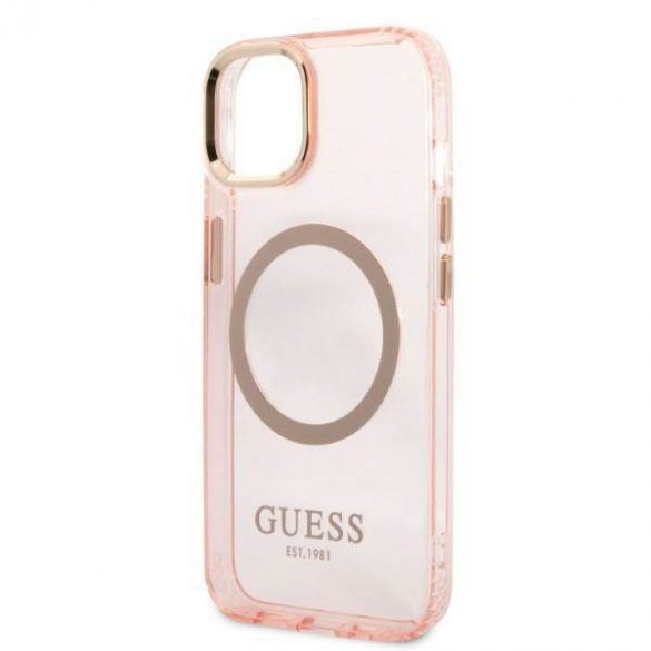 Guess GUHMP13MHTCMP Husă rigidă pentru iPhone 13 / 14 / 15 de 6,1 inchi Rozowy/roz Gold Outline Translucent MagSafe