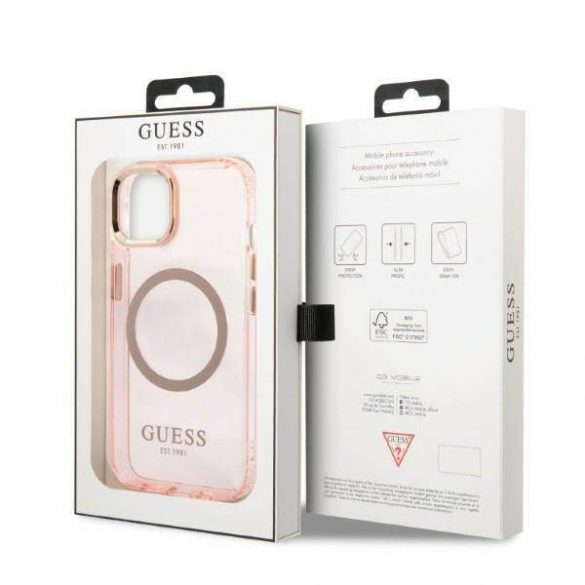 Guess GUHMP13MHTCMP Husă rigidă pentru iPhone 13 / 14 / 15 de 6,1 inchi Rozowy/roz Gold Outline Translucent MagSafe