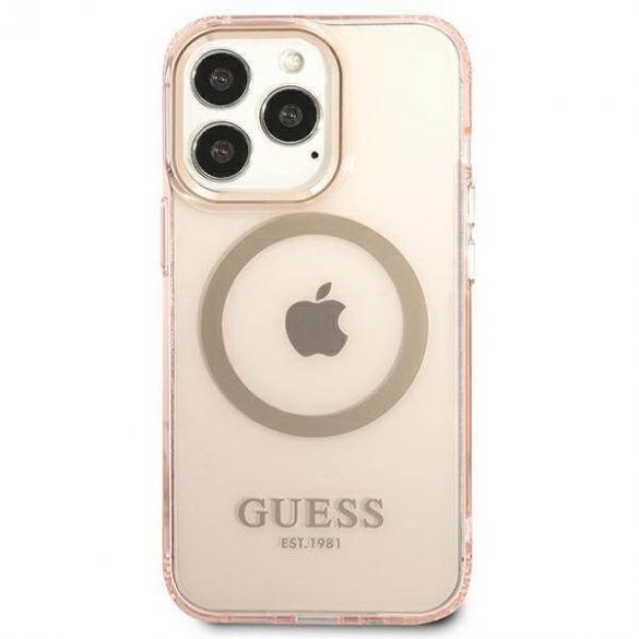 Guess GUHMP13LHTCMP Husă rigidă pentru iPhone 13 Pro / 13 6,1" rożowy/roz Gold Outline Husă MagSafe translucidă