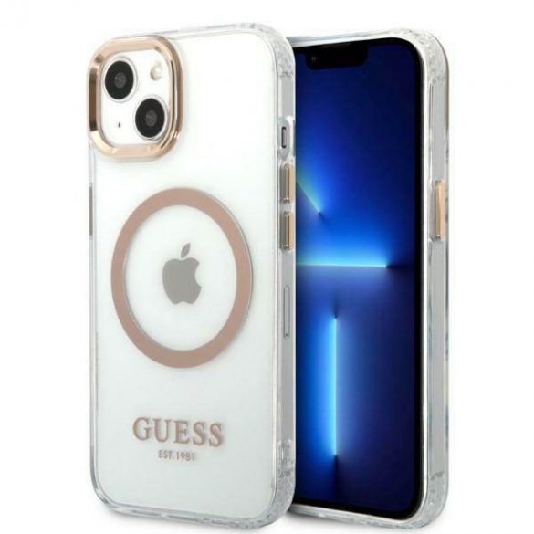 Guess GUHMP13MHTRMD Husă rigidă pentru iPhone 13 / 14 / 15 de 6,1 inchi/auriu Metal Outline Magsafe