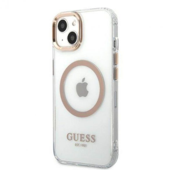 Guess GUHMP13MHTRMD Husă rigidă pentru iPhone 13 / 14 / 15 de 6,1 inchi/auriu Metal Outline Magsafe