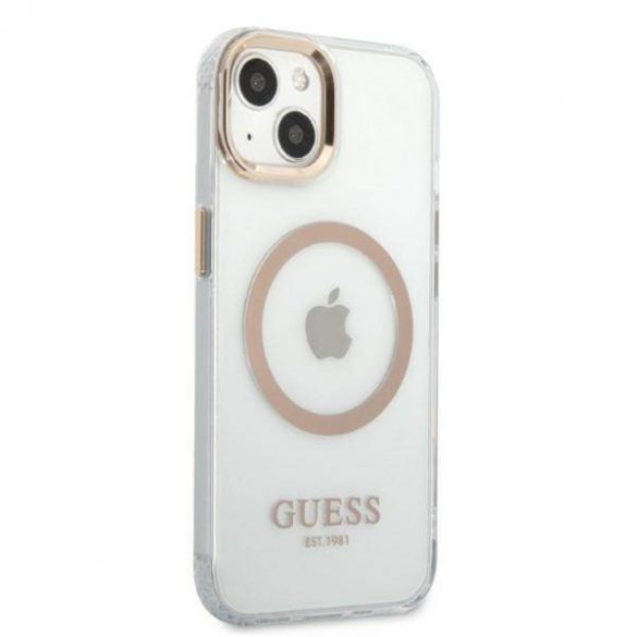 Guess GUHMP13MHTRMD Husă rigidă pentru iPhone 13 / 14 / 15 de 6,1 inchi/auriu Metal Outline Magsafe