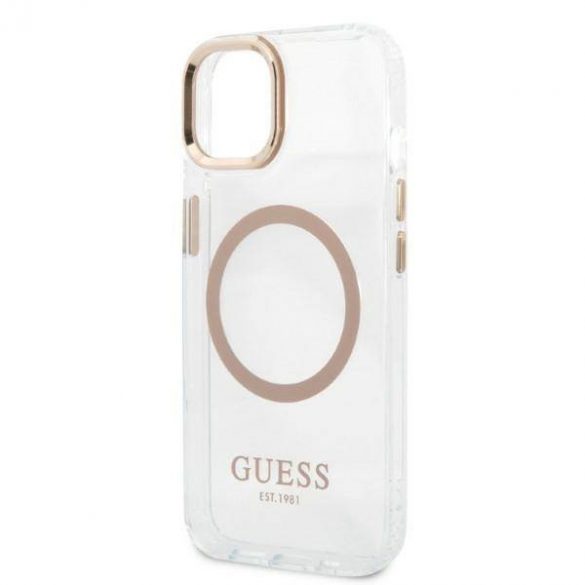 Guess GUHMP13MHTRMD Husă rigidă pentru iPhone 13 / 14 / 15 de 6,1 inchi/auriu Metal Outline Magsafe