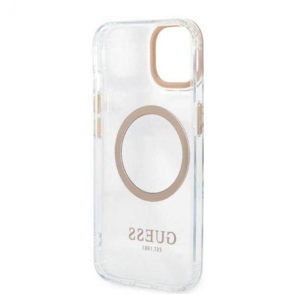 Guess GUHMP13MHTRMD Husă rigidă pentru iPhone 13 / 14 / 15 de 6,1 inchi/auriu Metal Outline Magsafe