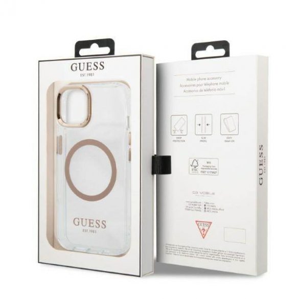 Guess GUHMP13MHTRMD Husă rigidă pentru iPhone 13 / 14 / 15 de 6,1 inchi/auriu Metal Outline Magsafe