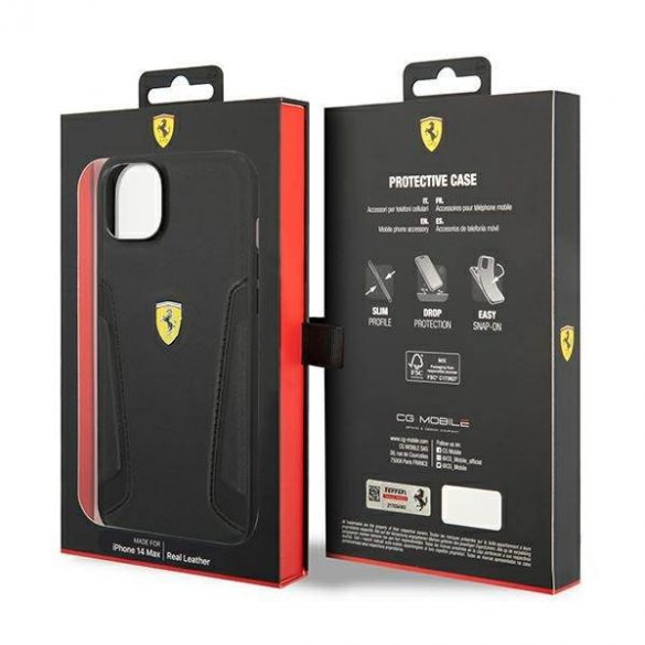 Ferrari FEHCP14MRBUK iPhone 14 Plus / 15 Plus 6,7" husă rigidă, neagră, piele, ștampilă laterale