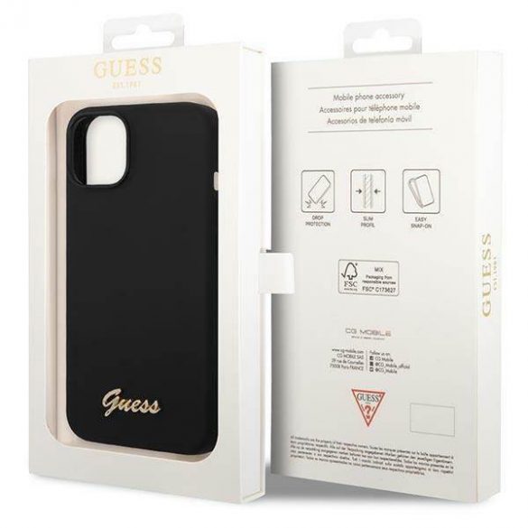 Guess GUHCP14SSLSMK iPhone 14 / 15 / 13 6.1" carcasa rigidă/neagră Silicone Vintage Gold Logo