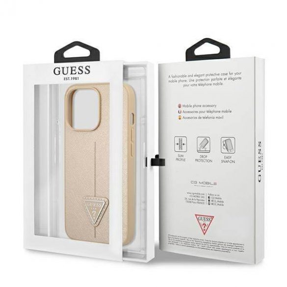 Guess GUHCP14LPSATLE Husă rigidă pentru iPhone 14 Pro 6,1" beżowy/bej SaffianoTriangle Logo