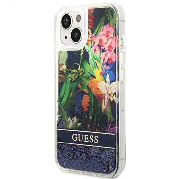 Guess GUHCP14SLFLSB iPhone 14 / 15 / 13 6.1" niebieski/albastru hardcase Flower Liquid Glitter