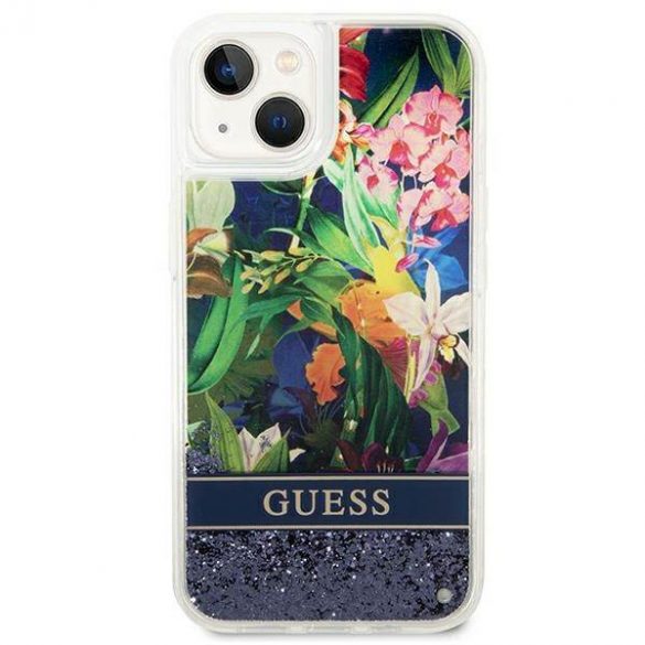 Guess GUHCP14SLFLSB iPhone 14 / 15 / 13 6.1" niebieski/albastru hardcase Flower Liquid Glitter