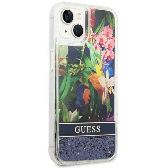 Guess GUHCP14SLFLSB iPhone 14 / 15 / 13 6.1" niebieski/albastru hardcase Flower Liquid Glitter