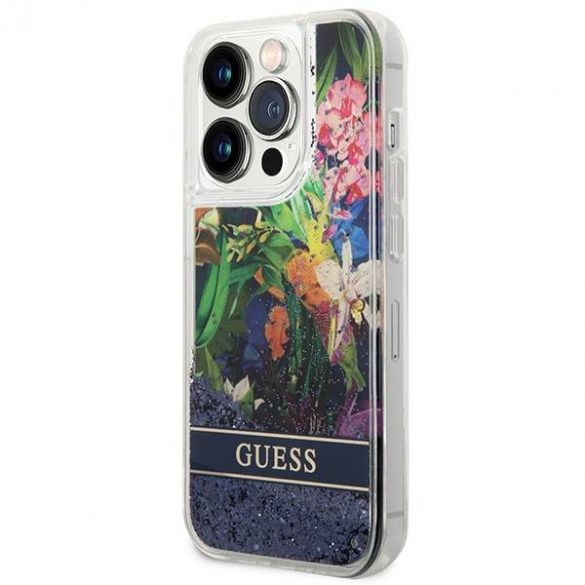 Guess GUHCP14LLFLSB iPhone 14 Pro 6,1" niebieski/albastru carcasă rigidă Flower Liquid Glitter