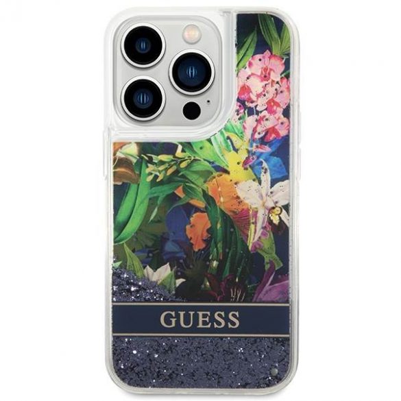 Guess GUHCP14LLFLSB iPhone 14 Pro 6,1" niebieski/albastru carcasă rigidă Flower Liquid Glitter