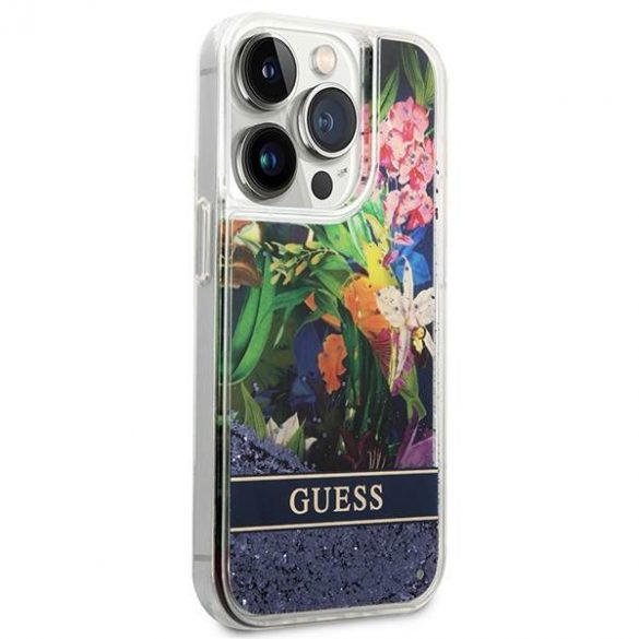 Guess GUHCP14XLFLSB iPhone 14 Pro Max 6,7" niebieski/albastru carcasă rigidă Flower Liquid Glitter