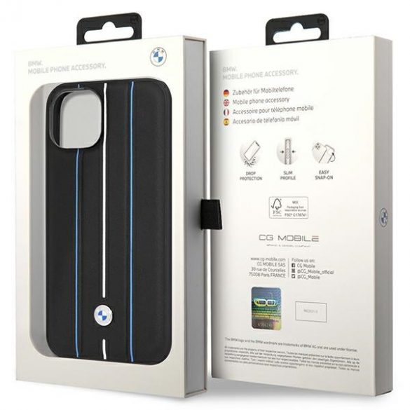 Etui BMW BMHCP14S22RVSK iPhone 14 / 15 / 13 6.1" czarny/negru hardcase Piele Stamp Blue Lines