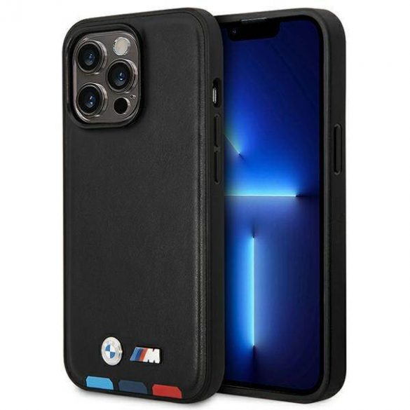 Etui BMW BMHCP14L22PTDK Husă pentru iPhone 14 Pro 6,1" din piele neagră/czarny Stamp Tricolor