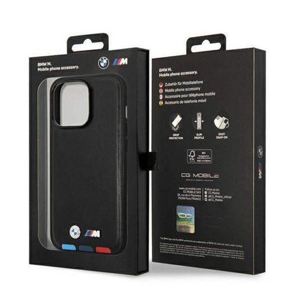 Etui BMW BMHCP14L22PTDK Husă pentru iPhone 14 Pro 6,1" din piele neagră/czarny Stamp Tricolor