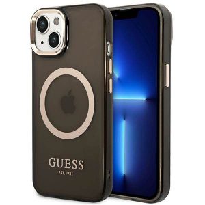 Guess GUHMP14SHTCMK Husă rigidă pentru iPhone 14 / 15 / 13 de 6,1 inchi, neagră/czarny, Gold Outline Translucent MagSafe