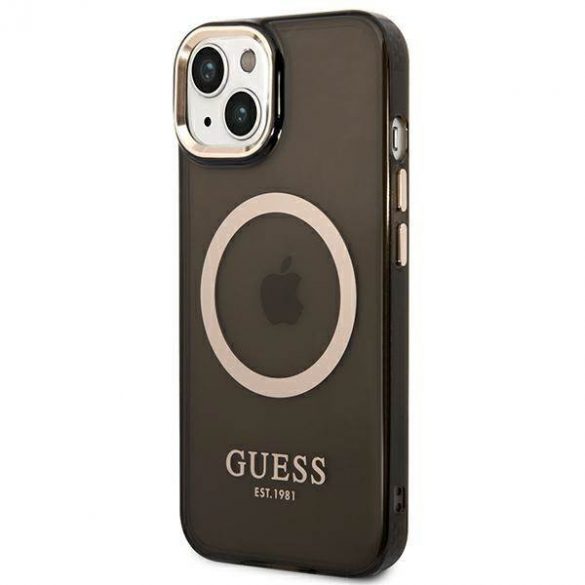 Guess GUHMP14SHTCMK Husă rigidă pentru iPhone 14 / 15 / 13 de 6,1 inchi, neagră/czarny, Gold Outline Translucent MagSafe