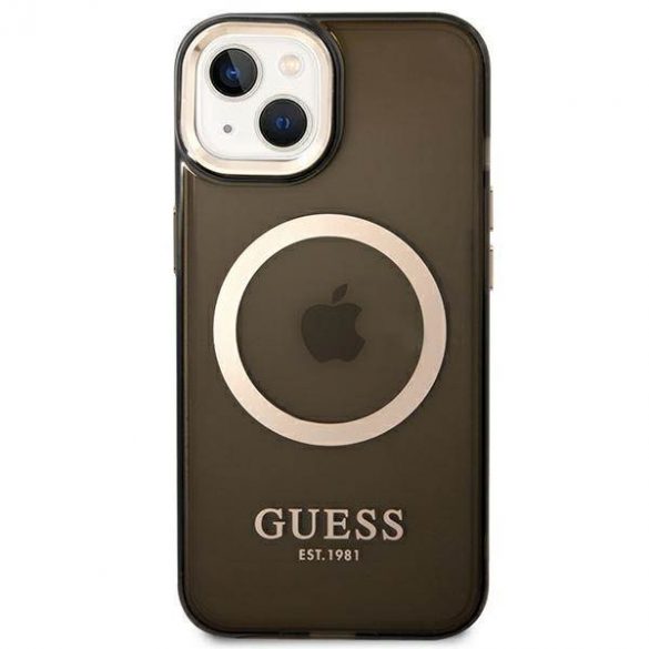 Guess GUHMP14SHTCMK Husă rigidă pentru iPhone 14 / 15 / 13 de 6,1 inchi, neagră/czarny, Gold Outline Translucent MagSafe