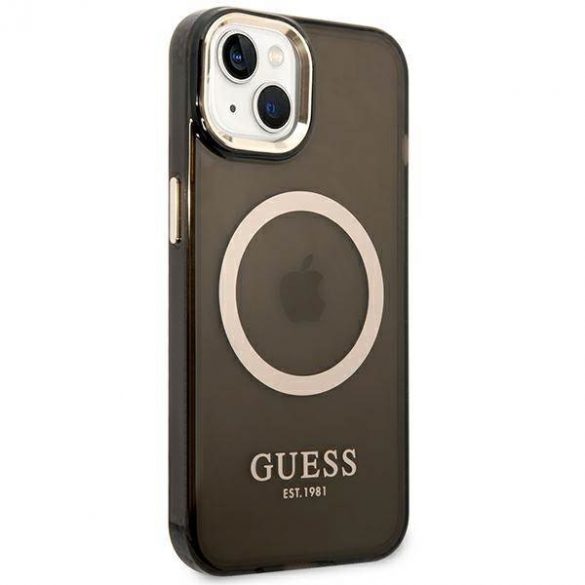 Guess GUHMP14SHTCMK Husă rigidă pentru iPhone 14 / 15 / 13 de 6,1 inchi, neagră/czarny, Gold Outline Translucent MagSafe