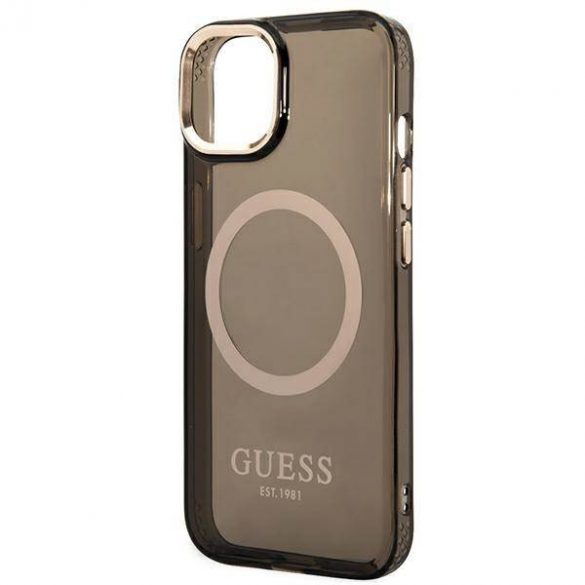 Guess GUHMP14SHTCMK Husă rigidă pentru iPhone 14 / 15 / 13 de 6,1 inchi, neagră/czarny, Gold Outline Translucent MagSafe