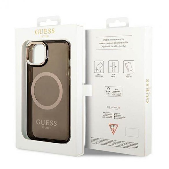 Guess GUHMP14SHTCMK Husă rigidă pentru iPhone 14 / 15 / 13 de 6,1 inchi, neagră/czarny, Gold Outline Translucent MagSafe