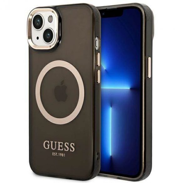 Guess GUHMP14MHTCMK Husă rigidă pentru iPhone 14 Plus / 15 Plus de 6,7 inchi, neagră/czarny, Gold Outline Translucent MagSafe