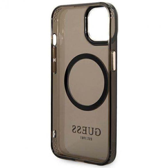 Guess GUHMP14MHTCMK Husă rigidă pentru iPhone 14 Plus / 15 Plus de 6,7 inchi, neagră/czarny, Gold Outline Translucent MagSafe