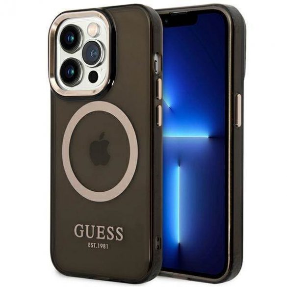 Guess GUHMP14LHTCMK Husă rigidă pentru iPhone 14 Pro 6,1 inchi, neagră/czarny, Gold Outline Husă MagSafe translucidă