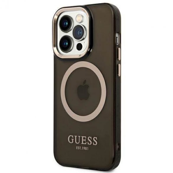 Guess GUHMP14LHTCMK Husă rigidă pentru iPhone 14 Pro 6,1 inchi, neagră/czarny, Gold Outline Husă MagSafe translucidă