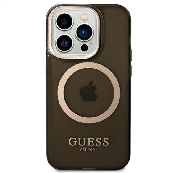 Guess GUHMP14LHTCMK Husă rigidă pentru iPhone 14 Pro 6,1 inchi, neagră/czarny, Gold Outline Husă MagSafe translucidă