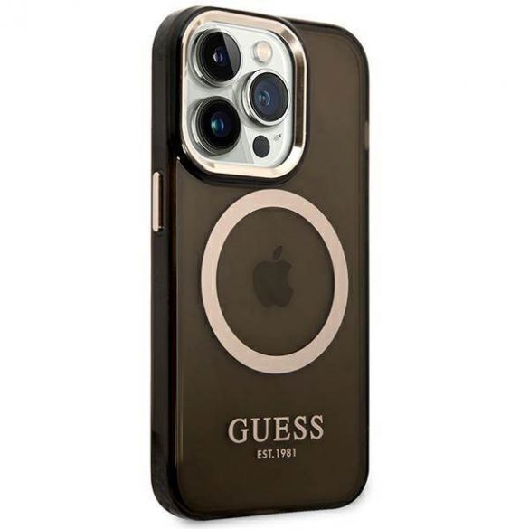 Guess GUHMP14LHTCMK Husă rigidă pentru iPhone 14 Pro 6,1 inchi, neagră/czarny, Gold Outline Husă MagSafe translucidă