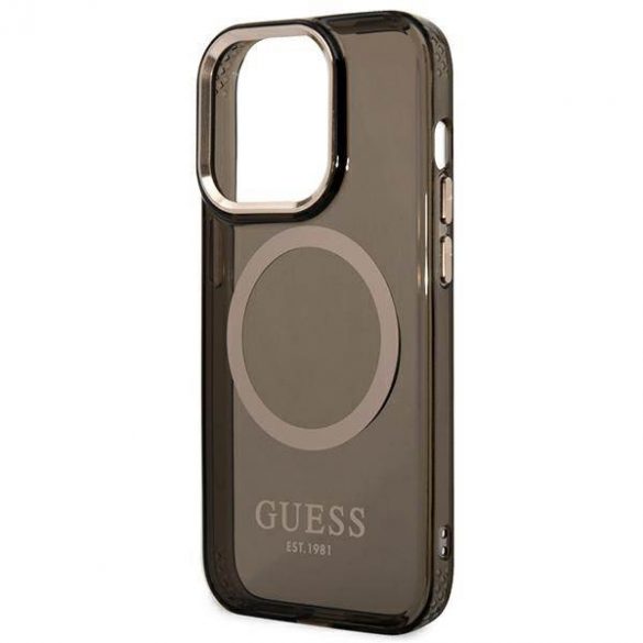 Guess GUHMP14LHTCMK Husă rigidă pentru iPhone 14 Pro 6,1 inchi, neagră/czarny, Gold Outline Husă MagSafe translucidă