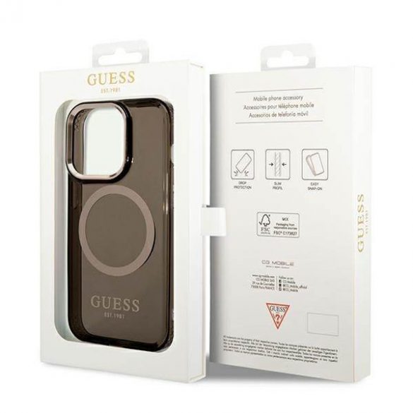 Guess GUHMP14LHTCMK Husă rigidă pentru iPhone 14 Pro 6,1 inchi, neagră/czarny, Gold Outline Husă MagSafe translucidă